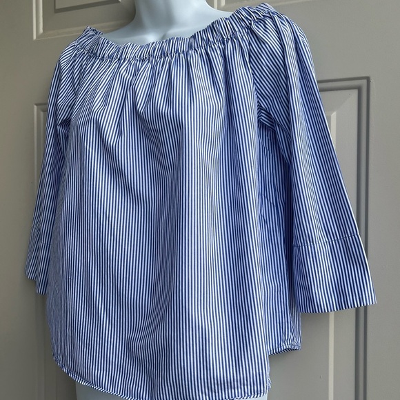 ZARA Off Shoulder Women’s Blue Striped Cotton Top Size S Boho Coastal Vibes - Picture 4 of 7